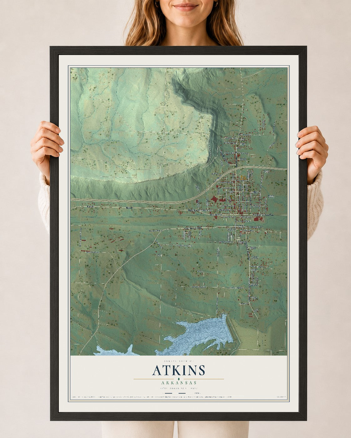 Map of Atkins, Arkansas, 24 x 36 inch print in a black wood frame