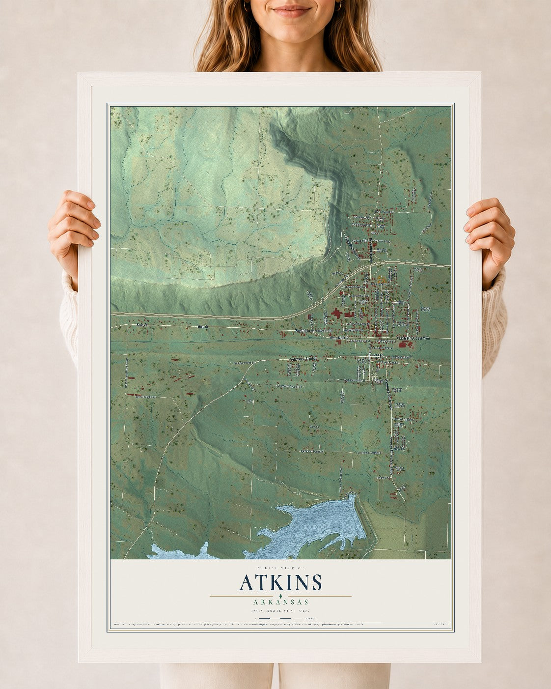 Map of Atkins, Arkansas, 24 x 36 inch print in a white wood frame