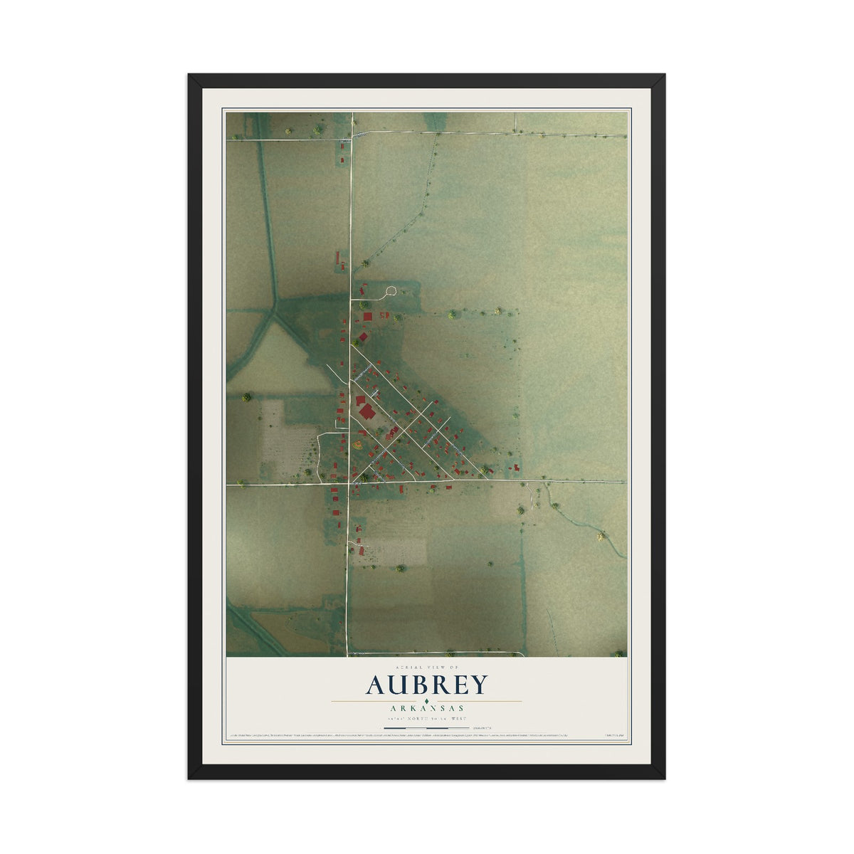 Map of Aubrey, Arkansas, 12 x 18 inch print in a black wood frame