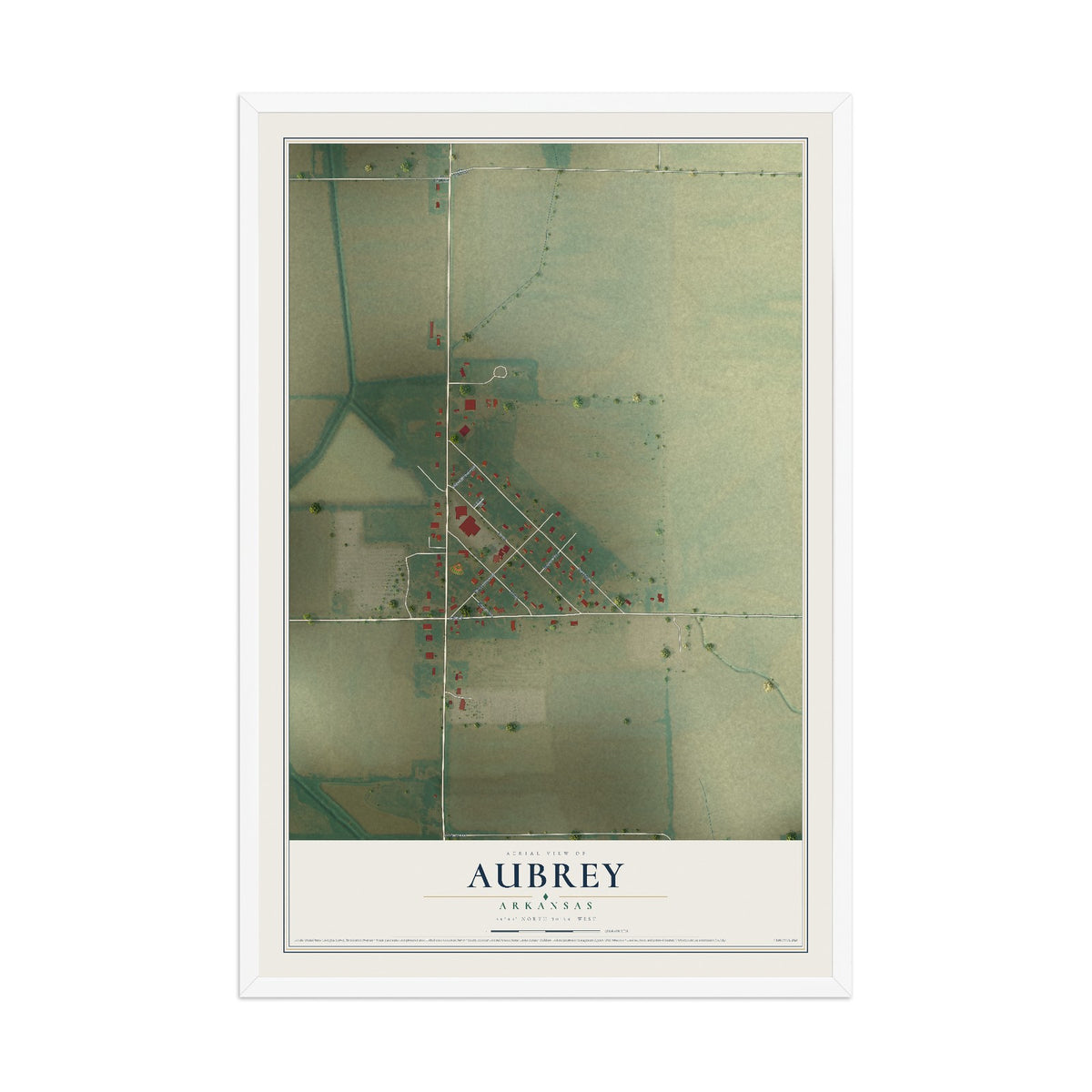Map of Aubrey, Arkansas, 12 x 18 inch print in a white wood frame