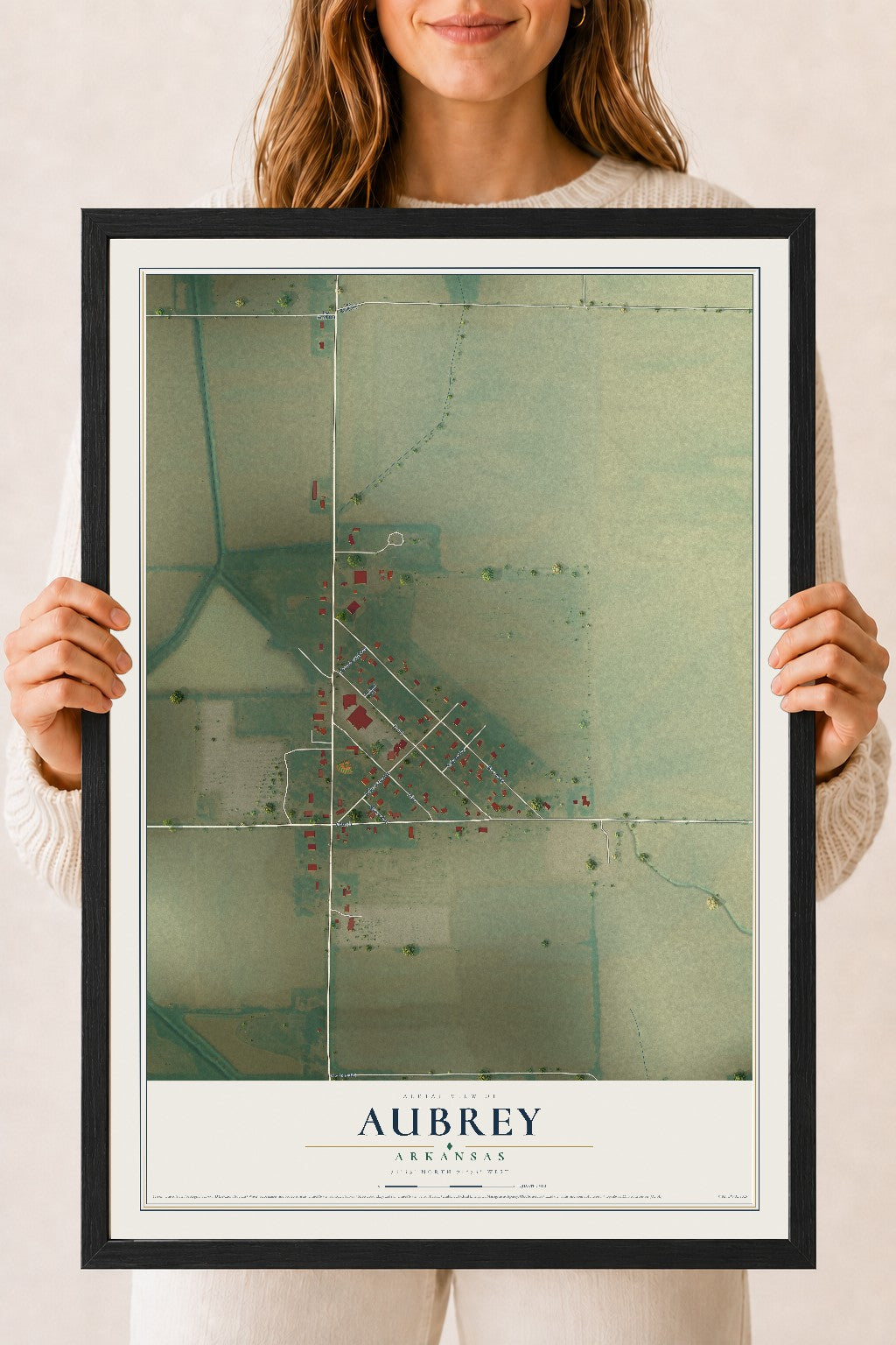 Map of Aubrey, Arkansas, 18 x 24 inch print in a black wood frame