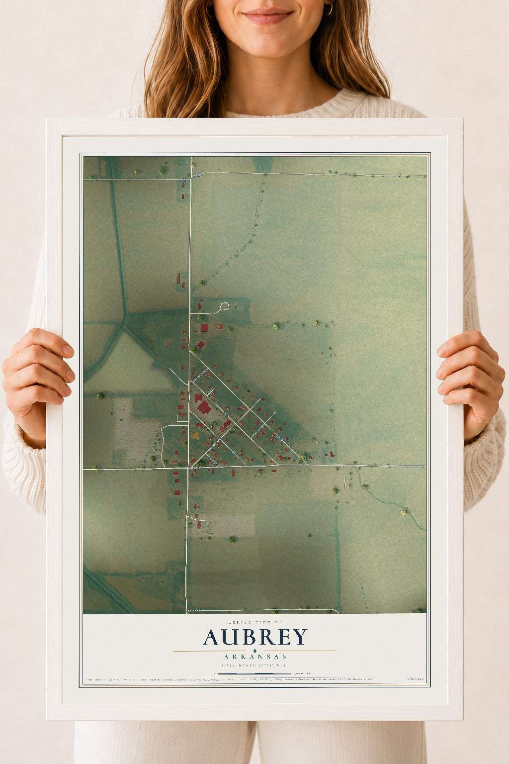 Map of Aubrey, Arkansas, 18 x 24 inch print in a white wood frame