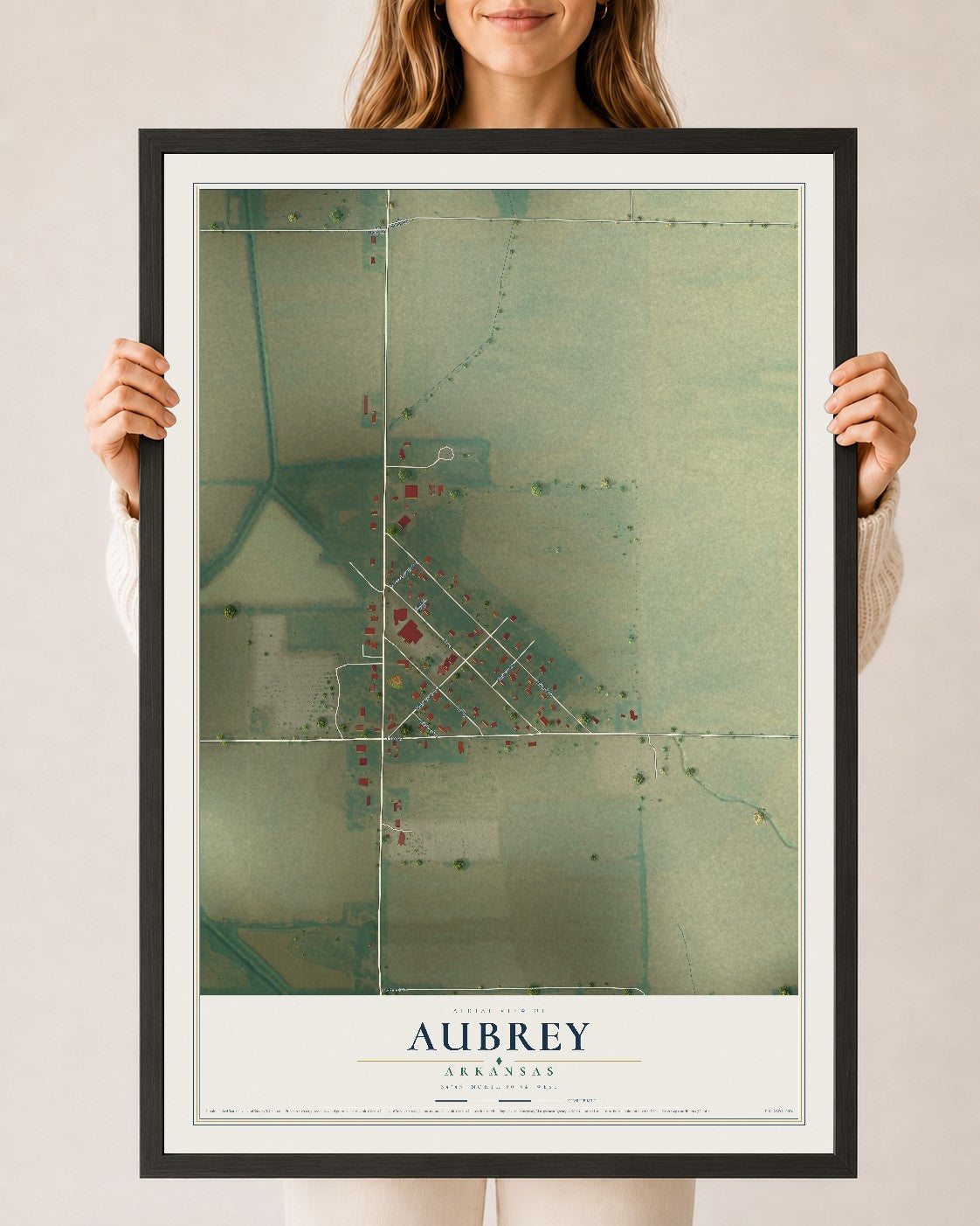 Map of Aubrey, Arkansas, 24 x 36 inch print in a black wood frame