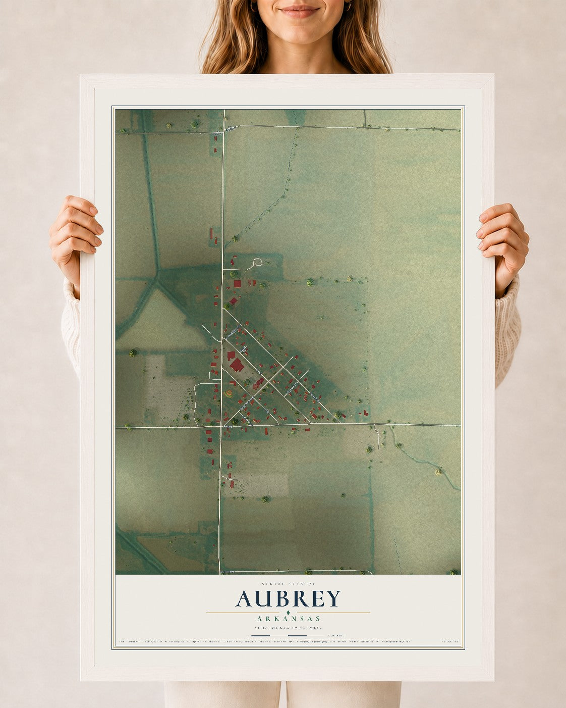Map of Aubrey, Arkansas, 24 x 36 inch print in a white wood frame