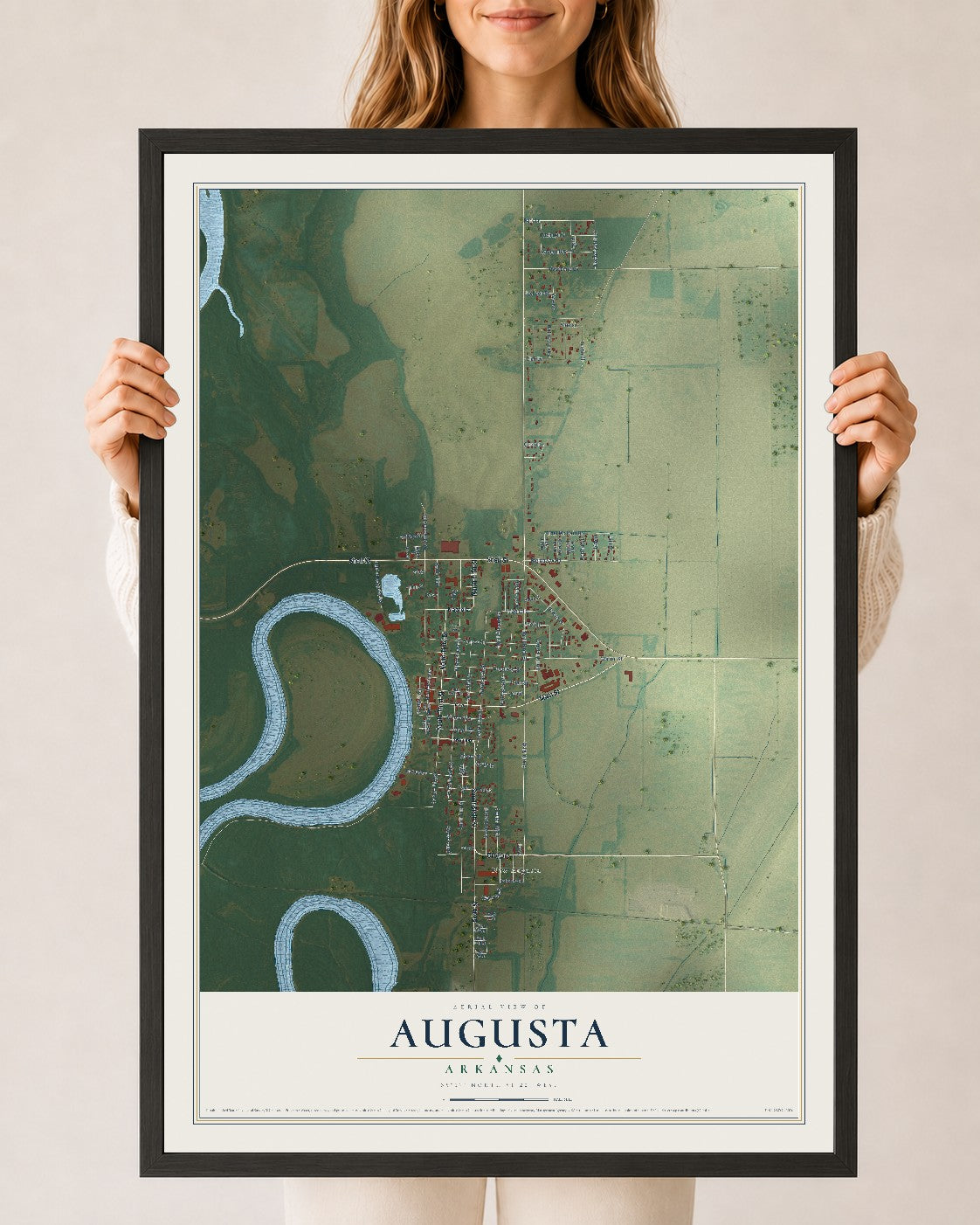 Map of Augusta, Arkansas, 24 x 36 inch print in a black wood frame