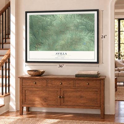 Avilla, Arkansas map, 24 x 36 inch print in a black frame above a dresser by a staircase