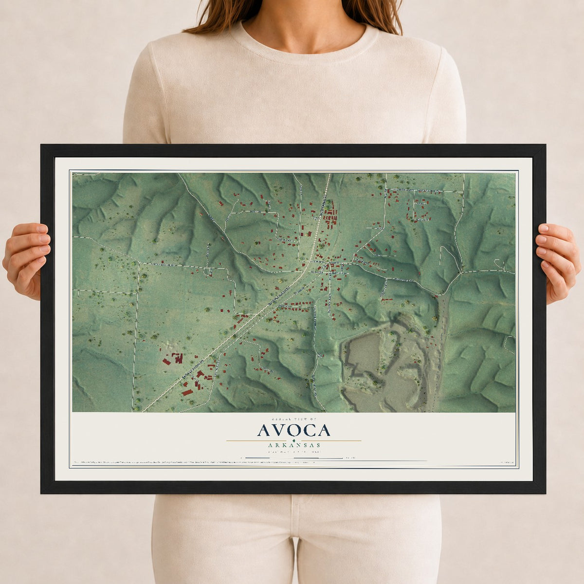 Map of Avoca, Arkansas, 12 x 18 inch print in a black wood frame