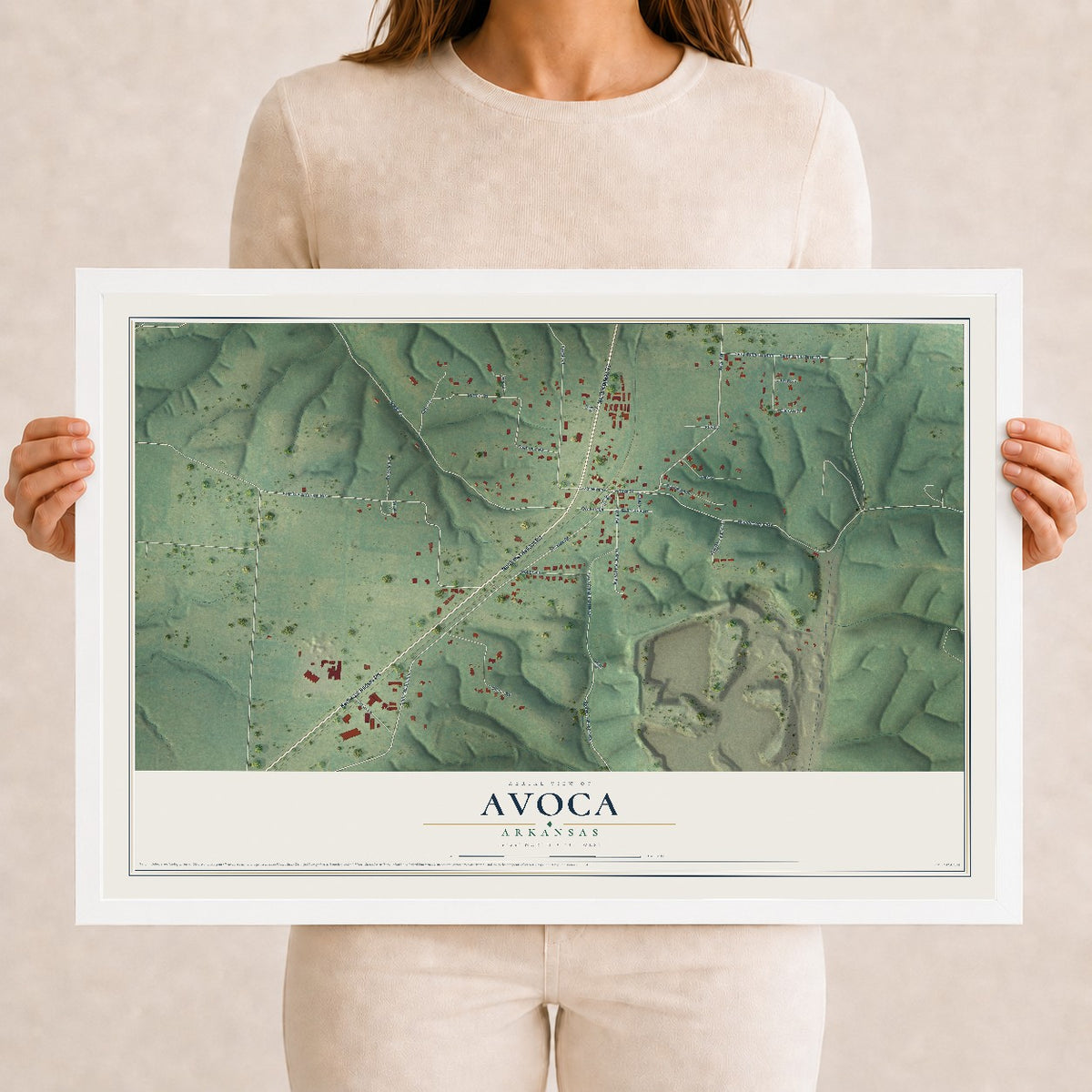 Map of Avoca, Arkansas, 12 x 18 inch print in a white wood frame