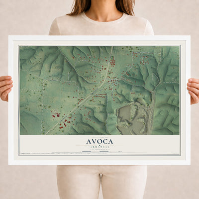 Map of Avoca, Arkansas, 18 x 24 inch print in a white wood frame