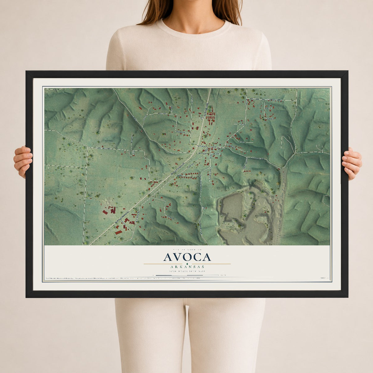 Map of Avoca, Arkansas, 24 x 36 inch print in a black wood frame