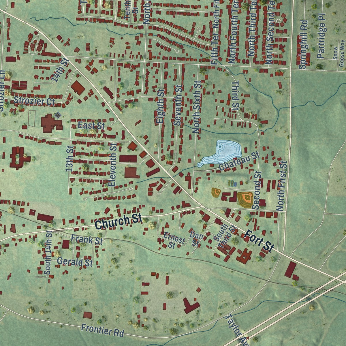 Close-up of the map of Barling, Arkansas print showing street and building detail