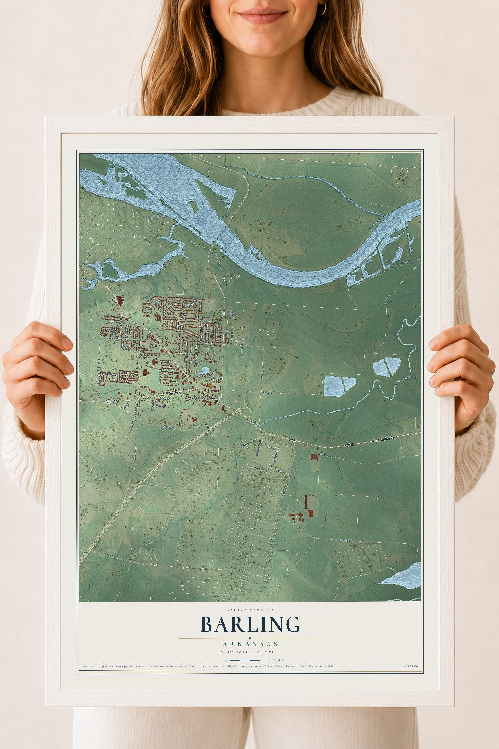 Map of Barling, Arkansas, 18 x 24 inch print in a white wood frame