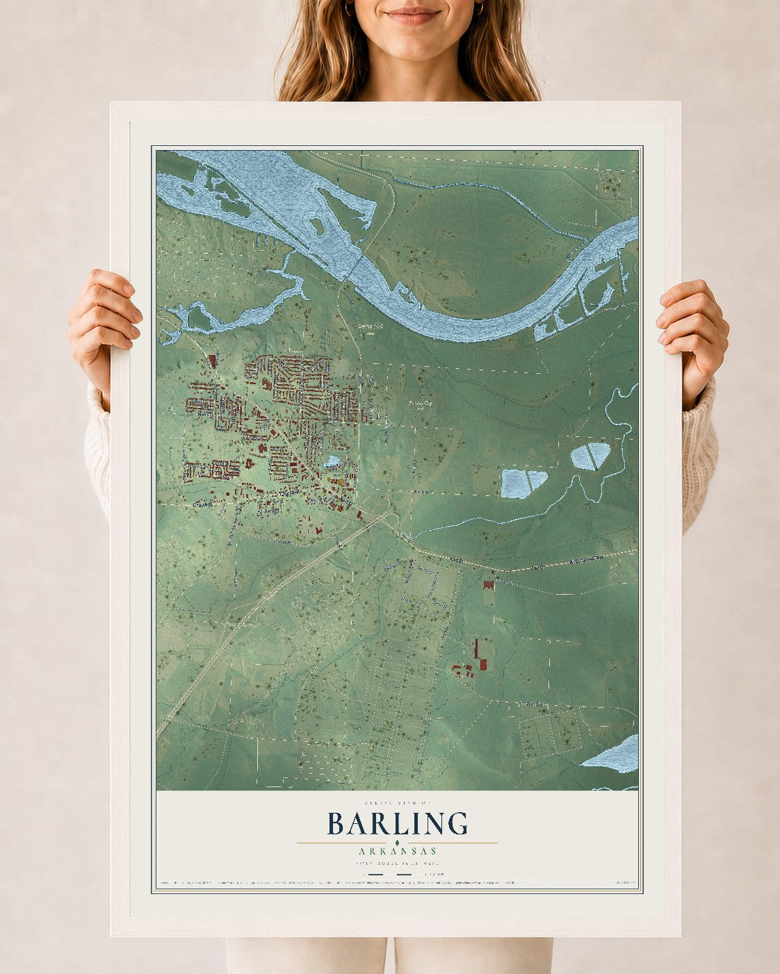 Map of Barling, Arkansas, 24 x 36 inch print in a white wood frame