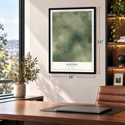 Barton, Arkansas map, 18 x 24 inch print in a black frame in a home office