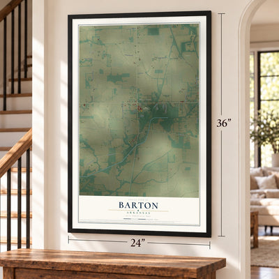 Barton, Arkansas map, 24 x 36 inch print in a black frame by a staircase