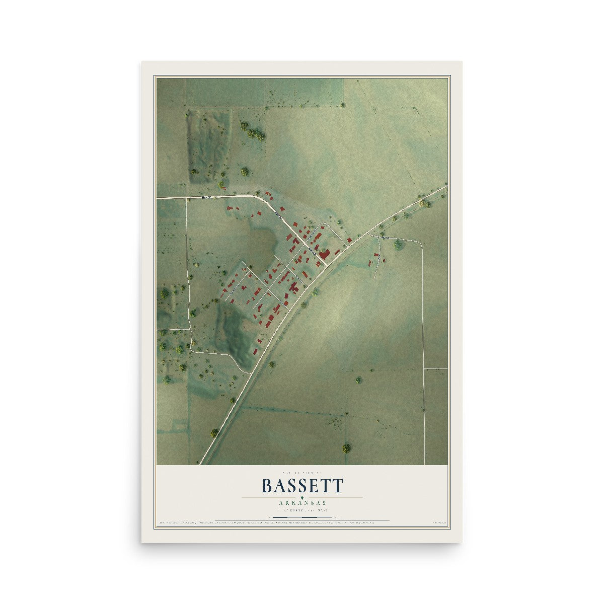 Map of Bassett, Arkansas, 12 x 18 inch unframed archival matte print