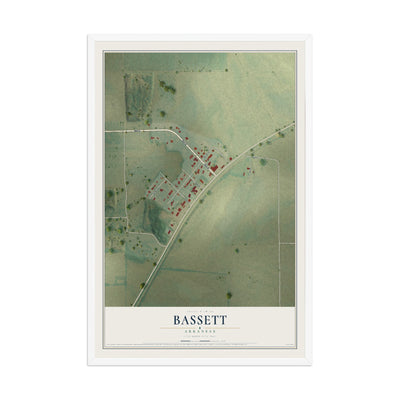 Map of Bassett, Arkansas, 12 x 18 inch print in a white wood frame