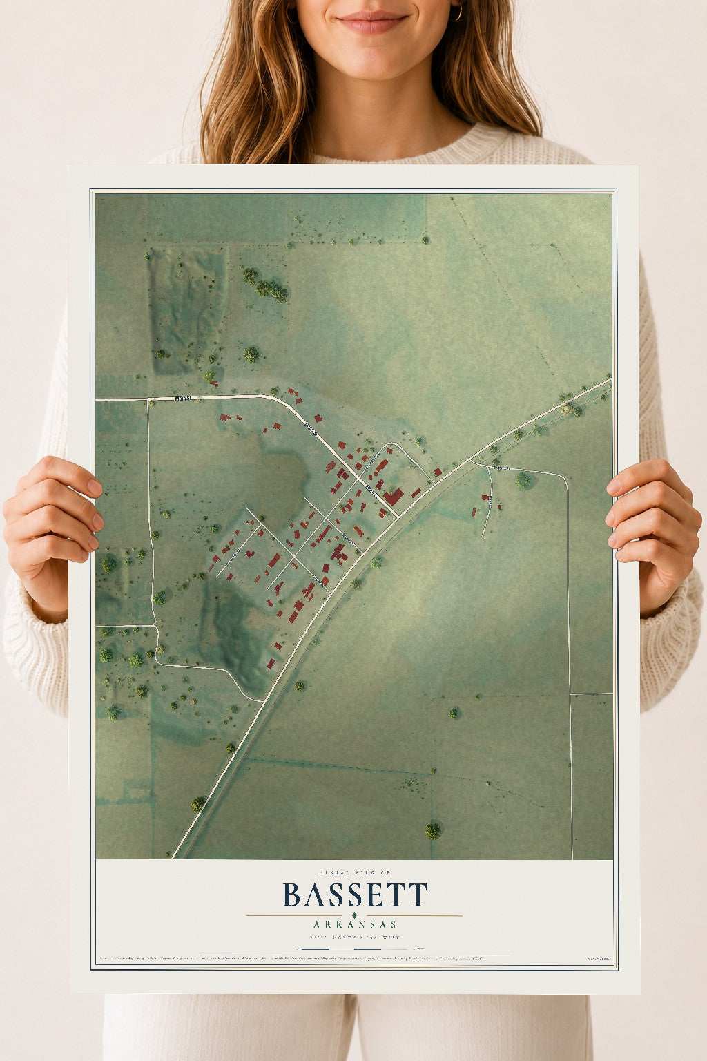 Map of Bassett, Arkansas, 18 x 24 inch unframed archival matte print