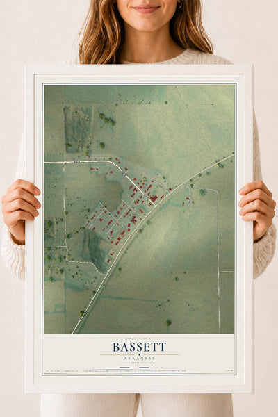 Map of Bassett, Arkansas, 18 x 24 inch print in a white wood frame