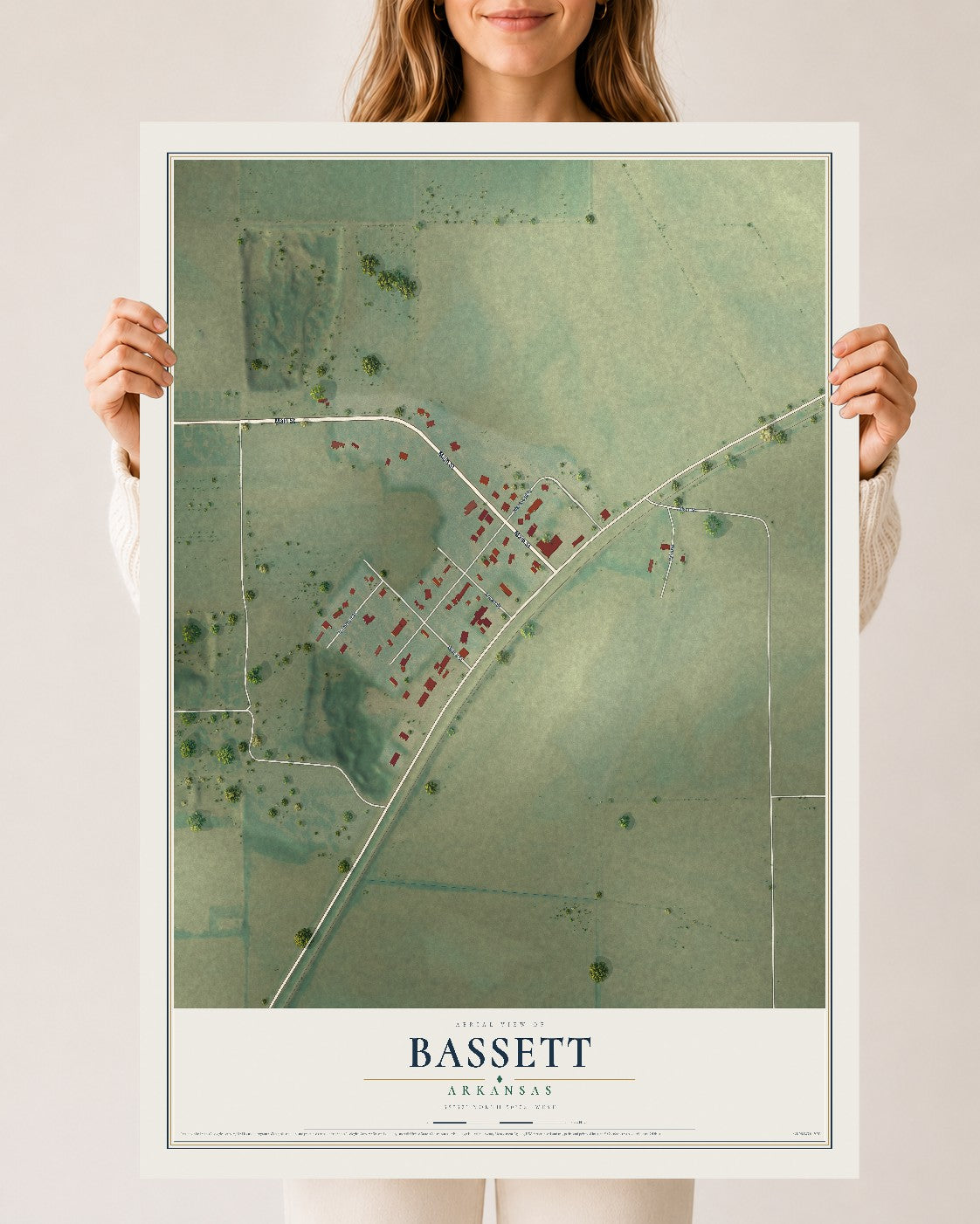 Map of Bassett, Arkansas, 24 x 36 inch unframed archival matte print