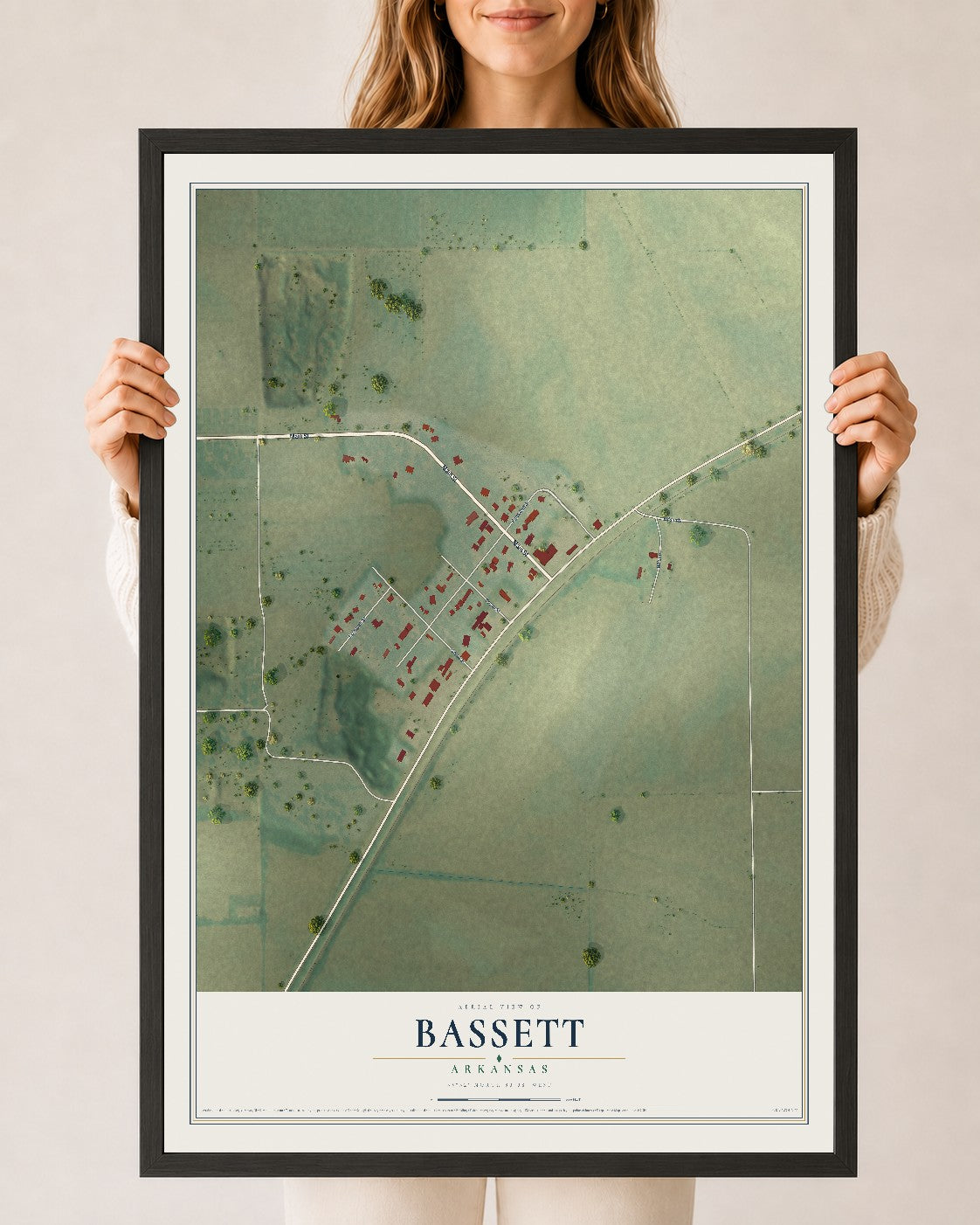 Map of Bassett, Arkansas, 24 x 36 inch print in a black wood frame