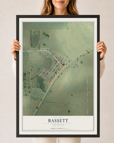 Map of Bassett, Arkansas, 24 x 36 inch print in a black wood frame