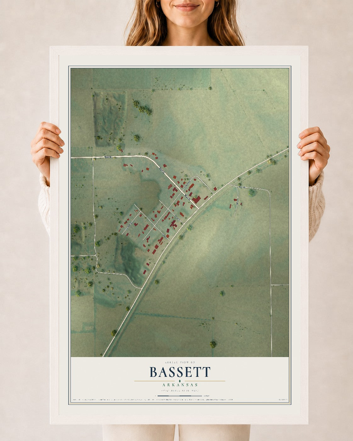 Map of Bassett, Arkansas, 24 x 36 inch print in a white wood frame
