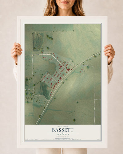 Map of Bassett, Arkansas, 24 x 36 inch print in a white wood frame