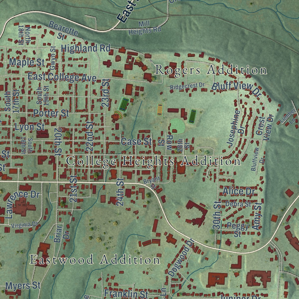 Close-up of the map of Batesville, Arkansas print showing street and building detail