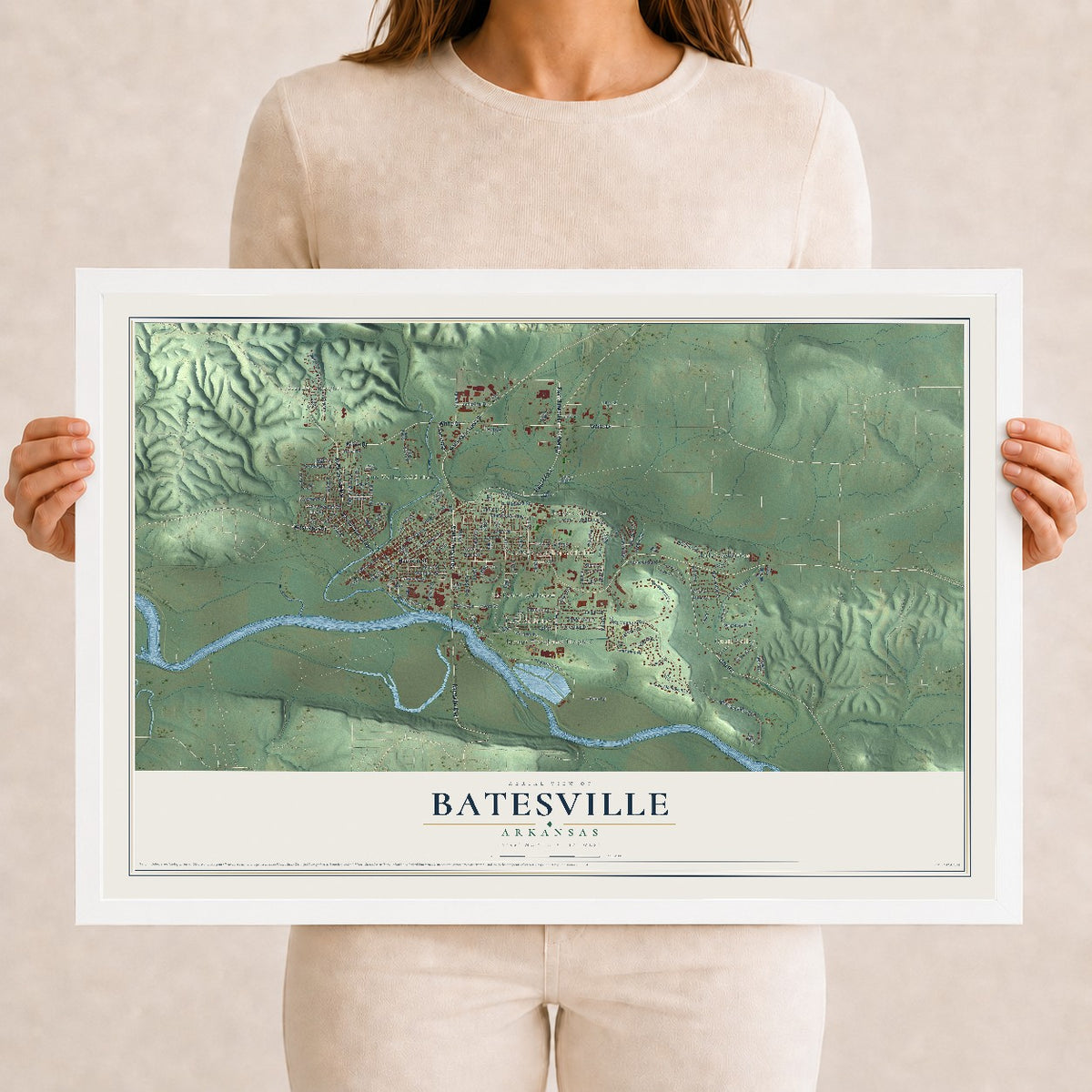 Map of Batesville, Arkansas, 12 x 18 inch print in a white wood frame