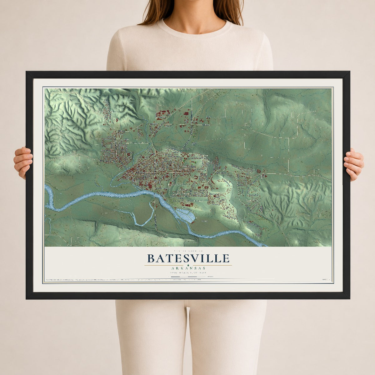 Map of Batesville, Arkansas, 24 x 36 inch print in a black wood frame