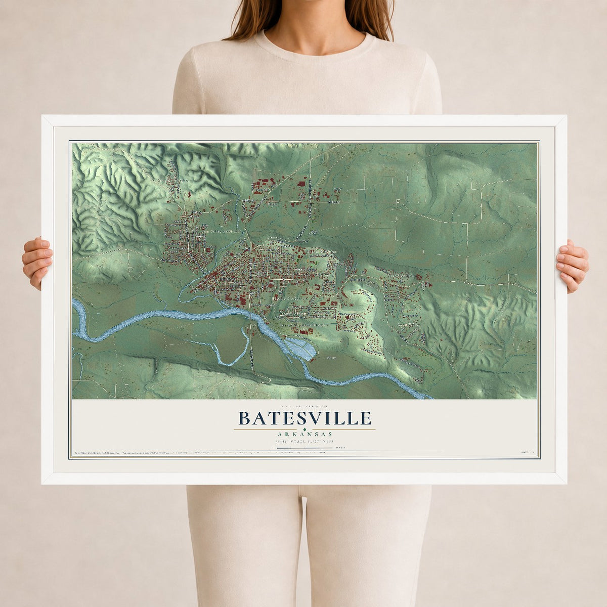 Map of Batesville, Arkansas, 24 x 36 inch print in a white wood frame