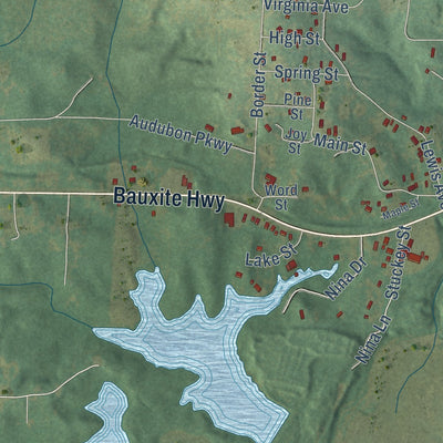 Close-up of the map of Bauxite, Arkansas print showing street and building detail