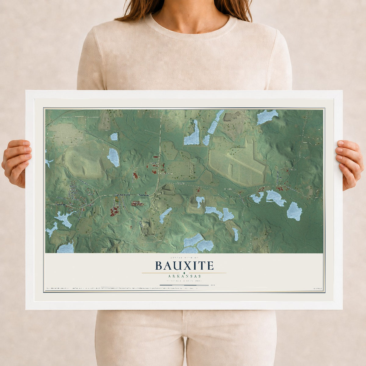 Map of Bauxite, Arkansas, 12 x 18 inch print in a white wood frame