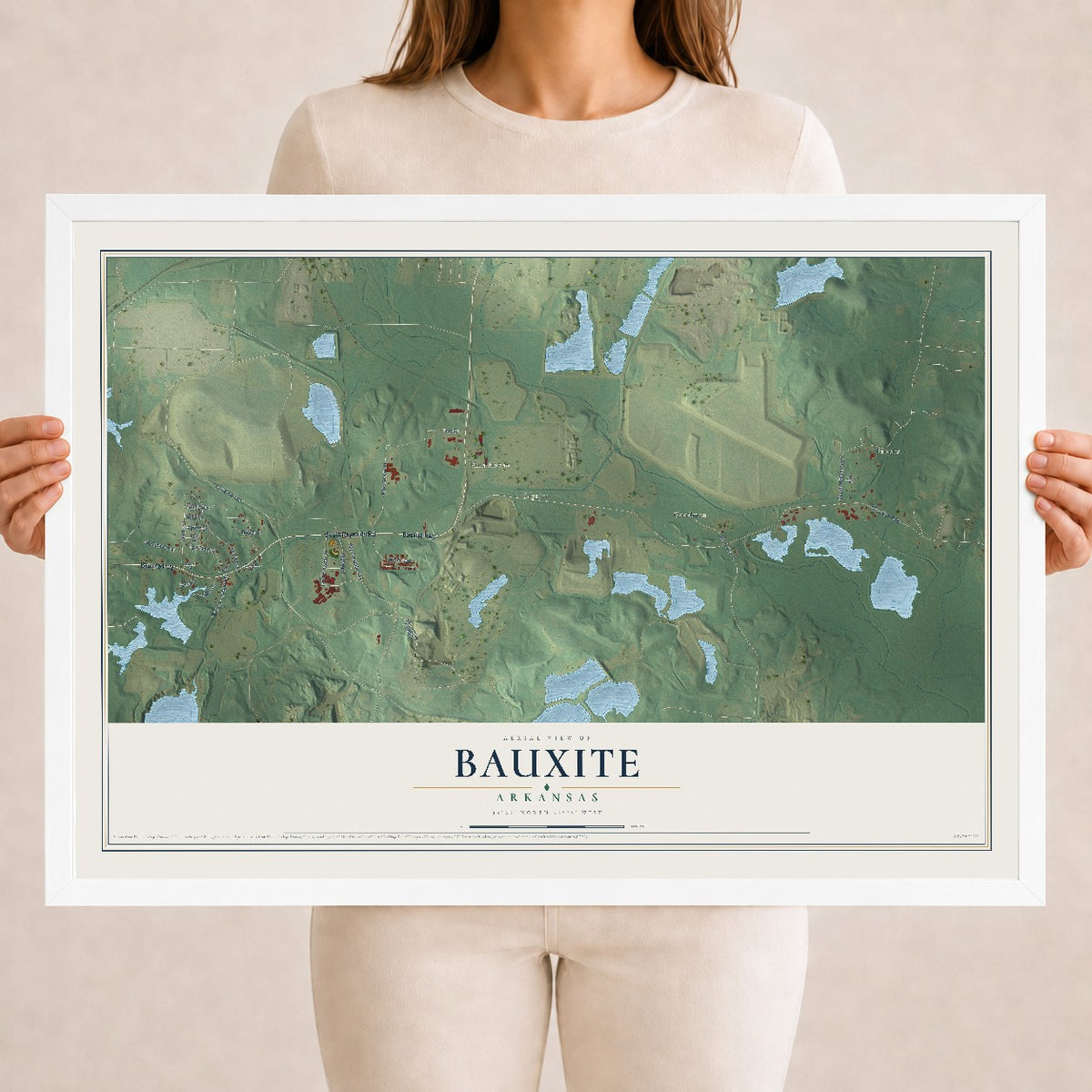 Map of Bauxite, Arkansas, 18 x 24 inch print in a white wood frame