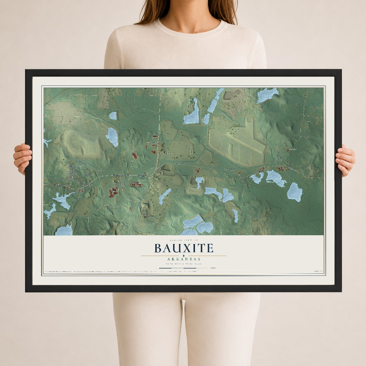 Map of Bauxite, Arkansas, 24 x 36 inch print in a black wood frame