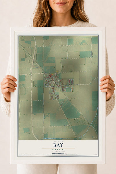 Map of Bay, Arkansas, 18 x 24 inch print in a white wood frame