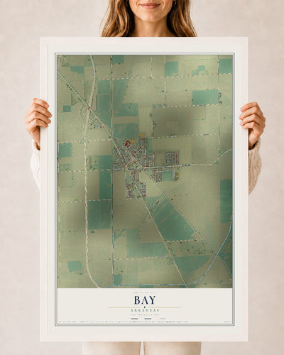 Map of Bay, Arkansas, 24 x 36 inch print in a white wood frame