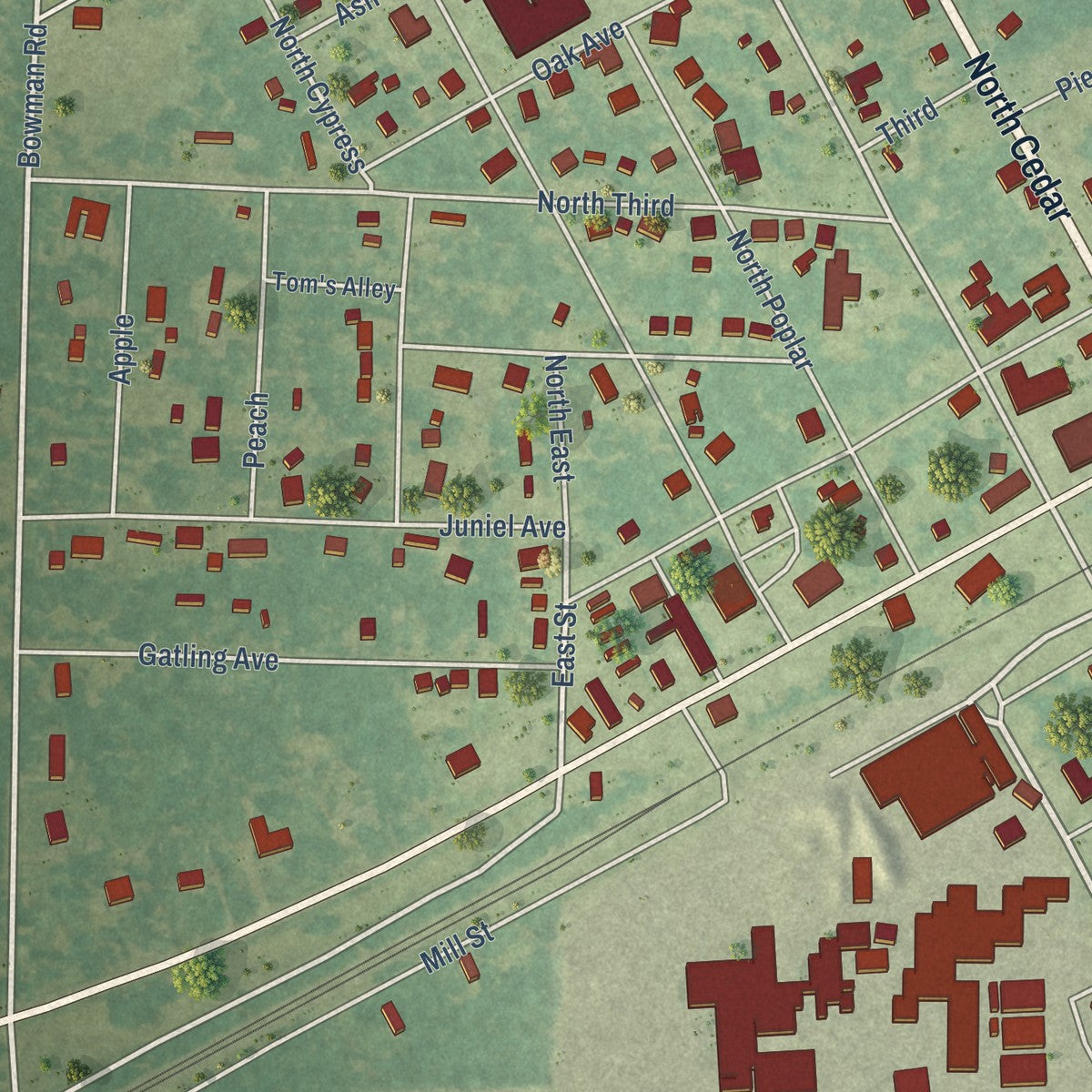 Close-up of the map of Bearden, Arkansas print showing street and building detail
