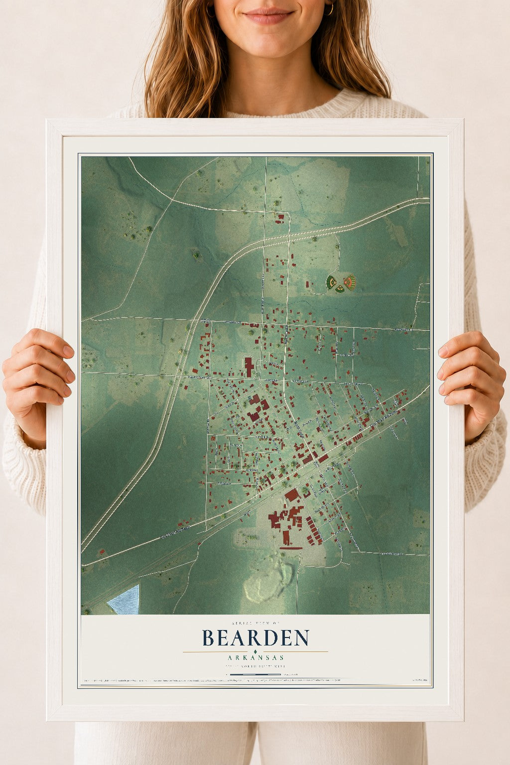 Map of Bearden, Arkansas, 18 x 24 inch print in a white wood frame