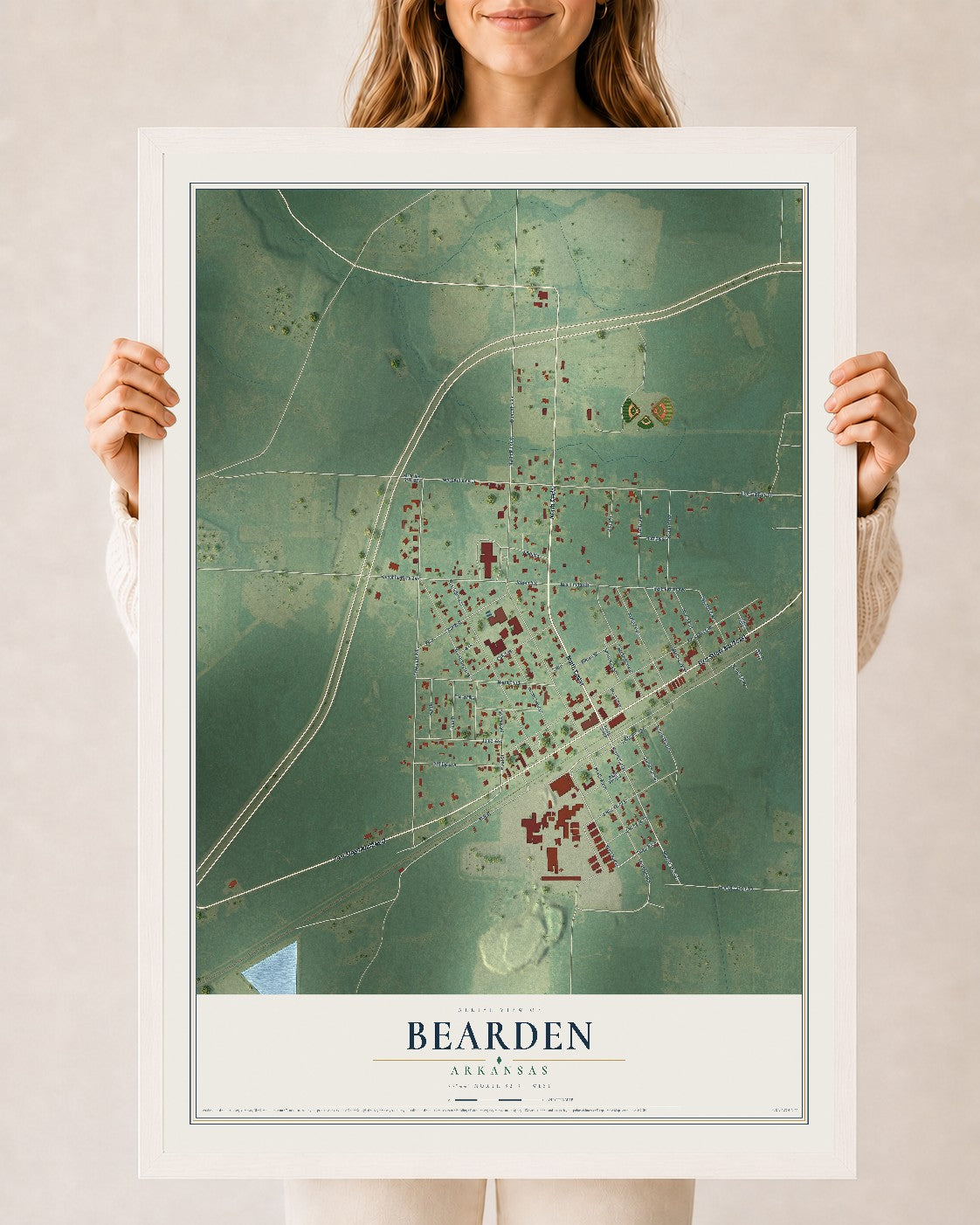 Map of Bearden, Arkansas, 24 x 36 inch print in a white wood frame