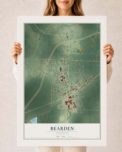Map of Bearden, Arkansas, 24 x 36 inch print in a white wood frame