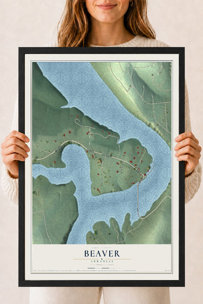 Map of Beaver, Arkansas, 18 x 24 inch print in a black wood frame