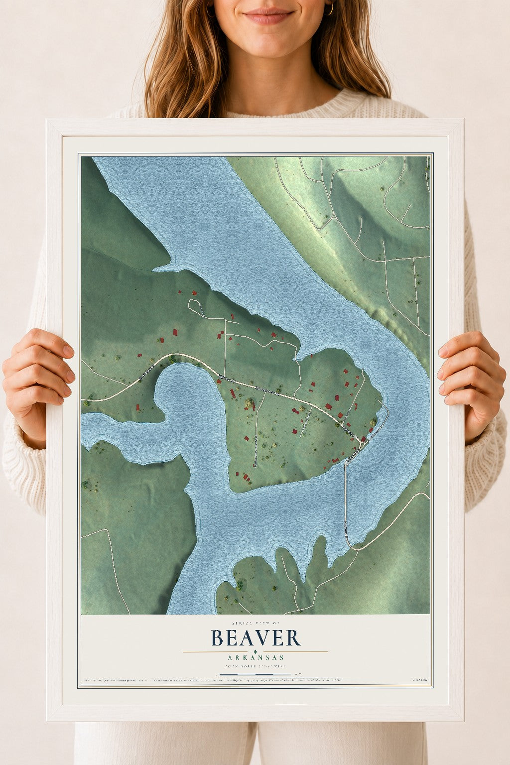 Map of Beaver, Arkansas, 18 x 24 inch print in a white wood frame