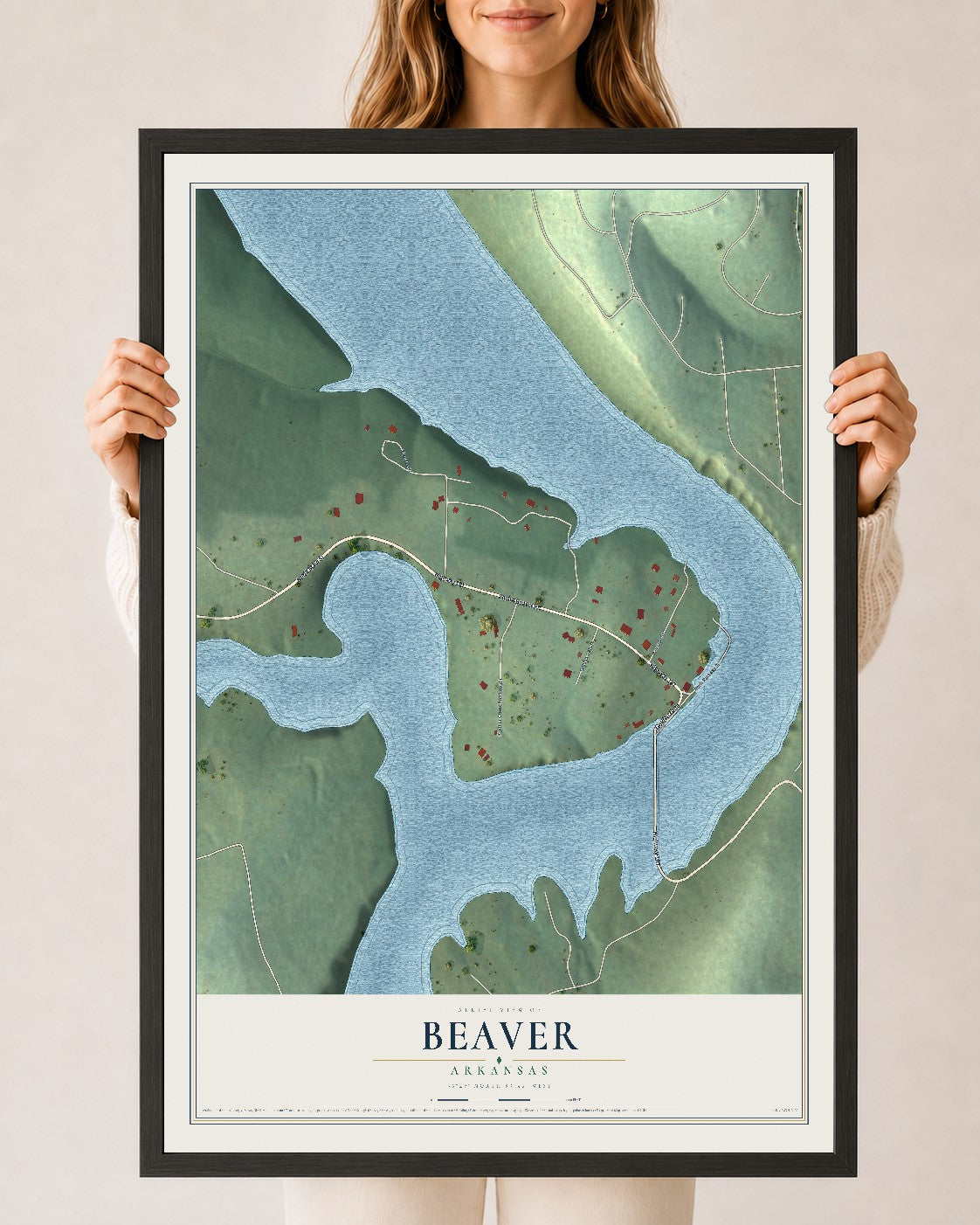 Map of Beaver, Arkansas, 24 x 36 inch print in a black wood frame