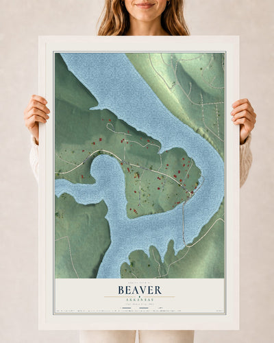 Map of Beaver, Arkansas, 24 x 36 inch print in a white wood frame