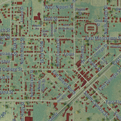 Close-up of the map of Beebe, Arkansas print showing street and building detail