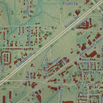 Second close-up of the map of Beebe, Arkansas print showing more streets and buildings