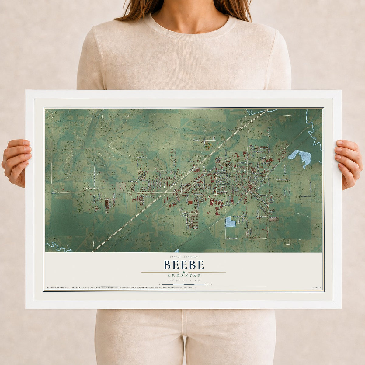 Map of Beebe, Arkansas, 12 x 18 inch print in a white wood frame