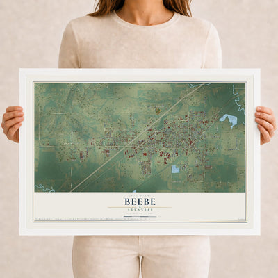 Map of Beebe, Arkansas, 12 x 18 inch print in a white wood frame